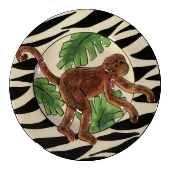 Becca Signature Collection Monkey Lunch Plates Set of 4 Zebra Rim 8” USA - Picture 7 of 8